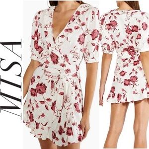 MISA Dress Small White Pink Thora Floral Ruffle Mini Wrap Abstract Peony  small